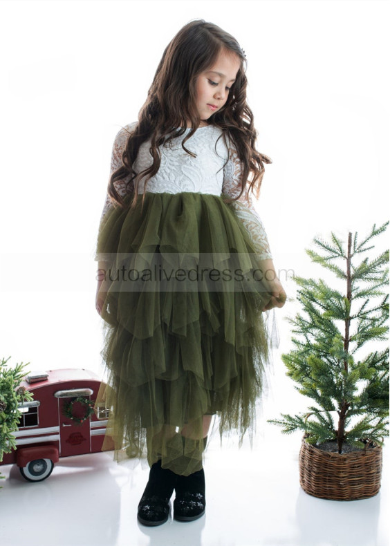Ivory Lace Forest Green Tulle Ruffle Tiered Flower Girl Dress